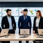 Home 19 고객 여정 맵을 통한 서비스 개선 사례 - A modern Turkish e-commerce customer service center scene showing a diverse team of employees engagi...