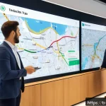 Home 18 고객 여정 맵핑에서의 통계 활용법 - A modern e-commerce customer journey map visualization displayed on a large digital touchscreen in a...