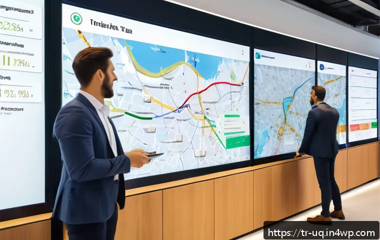 고객 여정 맵핑에서의 통계 활용법 - A modern e-commerce customer journey map visualization displayed on a large digital touchscreen in a...