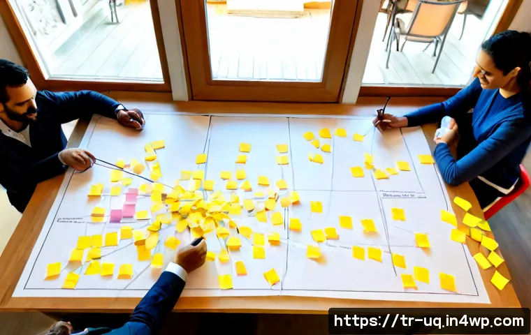고객 경험 여정 맵의 구성 방법 - Photorealistic overhead view of a Turkish small-business team building a customer experience journey...